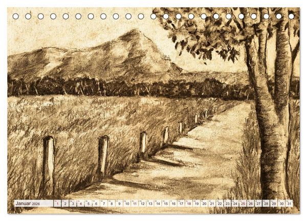 Produktbild: Pausen f&uuml;r deine Seele - Seelenlandschaften in Sepia - Ein Jahr der Ruhe mit Kohlezeichnungen (Tischkalender 2026 DIN A5 quer), CALVENDO Monatskalender