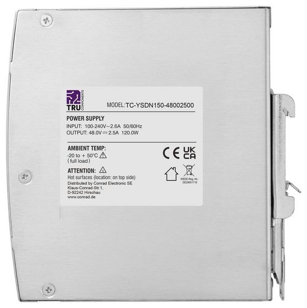 Produktbild: TRU COMPONENTS TC-13807988 Hutschienen-Netzteil (DIN-Rail) 48 V/DC 2.5 A 120 W Anzahl Ausg&auml;nge:1 x Inhalt 1 St.