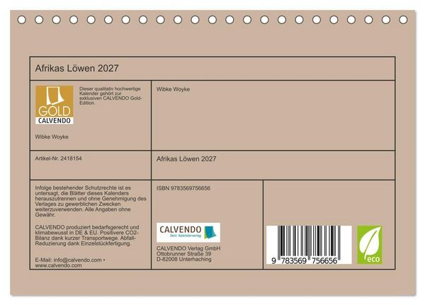 Produktbild: Afrikas L&ouml;wen 2027 (Tischkalender 2027 DIN A5 quer), CALVENDO Monatskalender
