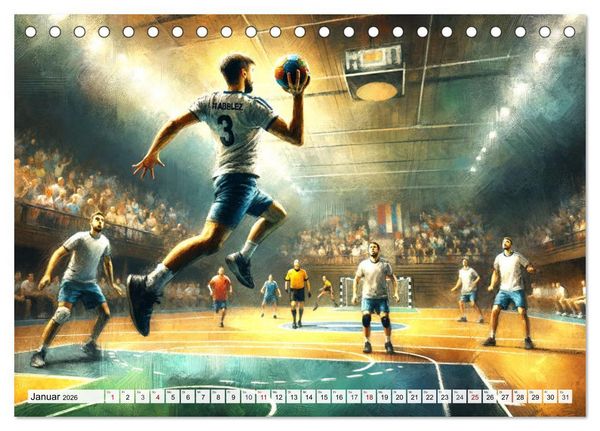 Produktbild: Handball Impressionismus, K&uuml;nstlerische Handballaktionen im KI-Pinselstrich (Tischkalender 2026 DIN A5 quer), CALVENDO Monatskalender