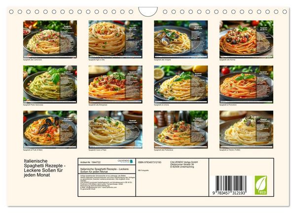 Produktbild: Italienische Spaghetti Rezepte - Leckere So&szlig;en f&uuml;r jeden Monat (Wandkalender 2026 DIN A4 quer), CALVENDO Monatskalender