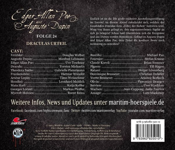 Produktbild: Edgar Allan Poe & Auguste Dupin - Draculas Urteil, 1 Audio-CD