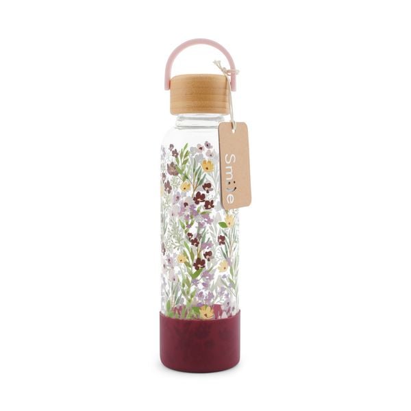 Produktbild: Trinkflasche aus Glas mit Silikoncover, "Violet Bouquet"