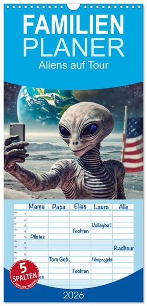 Produktbild: Familienplaner 2026 - Aliens auf Tour mit 5 Spalten (Wandkalender, 21 x 45 cm) CALVENDO