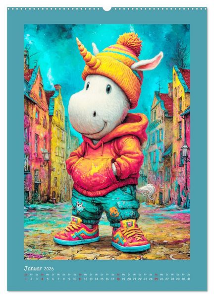 Produktbild: Unicorns. Niedliche Einh&ouml;rner in der Stadt (hochwertiger Premium Wandkalender 2026 DIN A2 hoch), Kunstdruck in Hochglanz