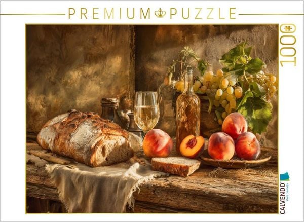 Produktbild: CALVENDO Puzzle Sommerk&uuml;che auf Holztisch, duftendes Brot, Fr&uuml;chte und ein Glas im Abendlicht | 1000 Teile Lege-Gr&ouml;&szlig;e 64x48cm Foto-Puzzle f&uuml;r gl&uuml;cklic