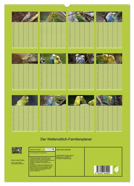 Produktbild: Der Wellensittich-Familienplaner (hochwertiger Premium Wandkalender 2026 DIN A2 hoch), Kunstdruck in Hochglanz
