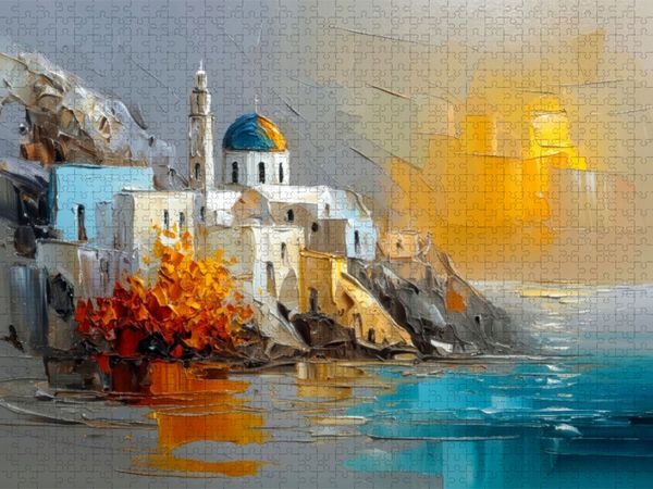 Produktbild: CALVENDO Puzzle Ein Nachmittag in Santorini - das Sonnenlicht streift die wei&szlig;en Kykladenh&auml;user auf der Klippe | 2000 Teile Lege-Gr&ouml;&szlig;e 90x67cm Foto-Pu