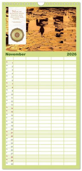 Produktbild: Familienplaner 2026 - BUDDHA im GL&Uuml;CK &ndash; Weisheiten aus Asien mit 5 Spalten (Wandkalender, 21 x 45 cm) CALVENDO