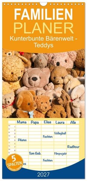 Produktbild: Familienplaner 2027 - Kunterbunte B&auml;renwelt - Teddys mit 5 Spalten (Wandkalender, 21 x 45 cm) CALVENDO