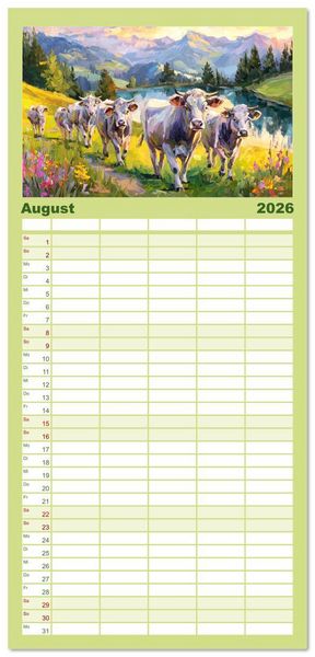 Produktbild: Familienplaner 2026 - Almseelen im Licht der Berge. Charmante K&uuml;he in kunstvoller &Ouml;loptik mit 5 Spalten (Wandkalender, 21 x 45 cm) CALVENDO