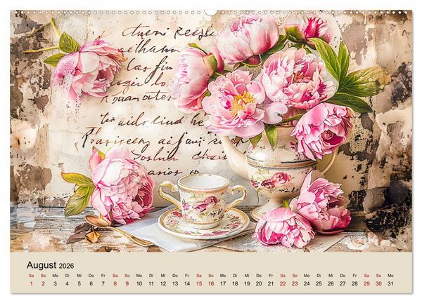Produktbild: Shabby Chic Romantik - Vintage Tassen, Blumen und nostalgische Briefe (Wandkalender 2026 DIN A2 quer), CALVENDO Monatskalender