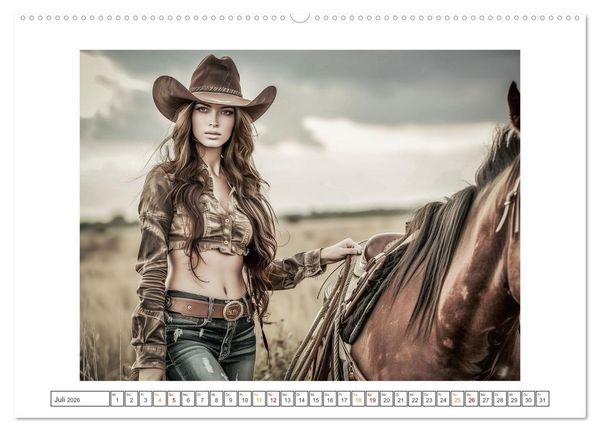 Produktbild: Sattel und Sinnlichkeit - Begegnungen mit den Verf&uuml;hrerischen Cowgirls (hochwertiger Premium Wandkalender 2026 DIN A2 quer), Kunstdruck in Hochglanz