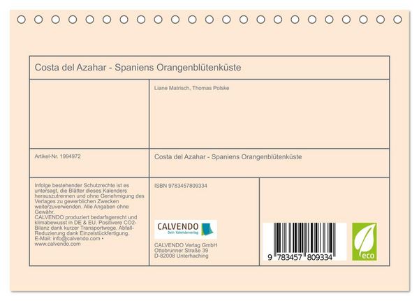 Produktbild: Costa del Azahar - Spaniens Orangenbl&uuml;tenk&uuml;ste (Tischkalender 2026 DIN A5 quer), CALVENDO Monatskalender
