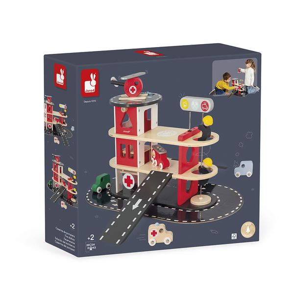 Produktbild: Holz-Feuerwehr-Spielset mit Fahrzeugen & Helikopter ab 2 Jahren