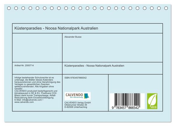 Produktbild: K&uuml;stenparadies - Noosa Nationalpark Australien (Tischkalender 2026 DIN A5 quer), CALVENDO Monatskalender