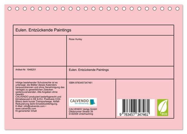 Produktbild: Eulen. Entz&uuml;ckende Paintings (Tischkalender 2026 DIN A5 quer), CALVENDO Monatskalender