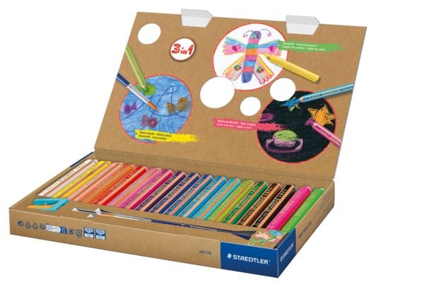 Produktbild: STAEDTLER Noris junior 140 Kindermalstift 3 in 1, Kartonetui mit 18 Malstiften in sortierten Farben, 1 Spitzer und 1 Pinsel, 140 C18