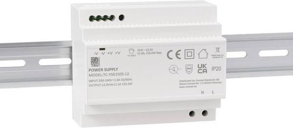 Produktbild: TRU COMPONENTS TC-13710892 Hutschienen-Netzteil (DIN-Rail) Verbrauch (StandBy) 0.3 W 12 V/DC 11.3 A 135.6 W Anzahl Ausg&auml;nge:1 x Inhalt 1 St.