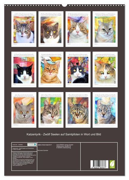 Produktbild: Katzenlyrik - Zw&ouml;lf Seelen auf Samtpfoten in Wort und Bild (hochwertiger Premium Wandkalender 2026 DIN A2 hoch), Kunstdruck in Hochglanz