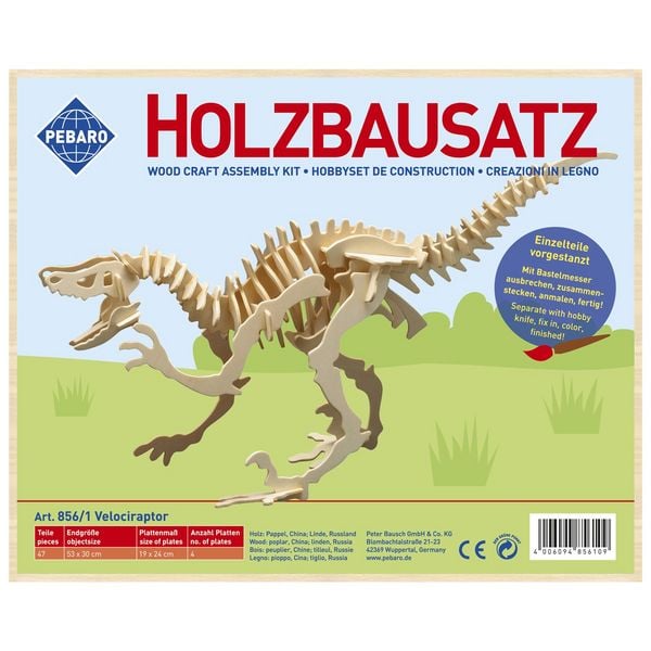 PEBARO 856/1 - Holzbausatz Dinosaurier Velociraptor, 47 Teile, Holzkonstruktion zum Zusammenstecken