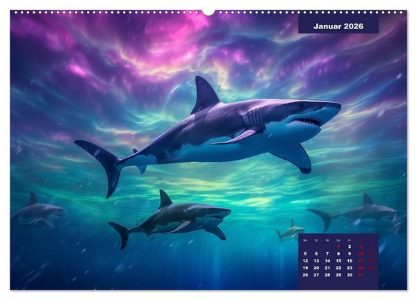 Produktbild: Stille Giganten - KI-generierte Hai-Impressionen (hochwertiger Premium Wandkalender 2026 DIN A2 quer), Kunstdruck in Hochglanz