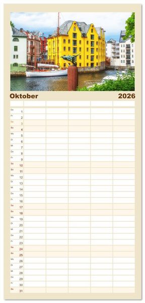 Produktbild: Familienplaner 2026 - Norwegens K&uuml;stenst&auml;dte mit 5 Spalten (Wandkalender, 21 x 45 cm) CALVENDO
