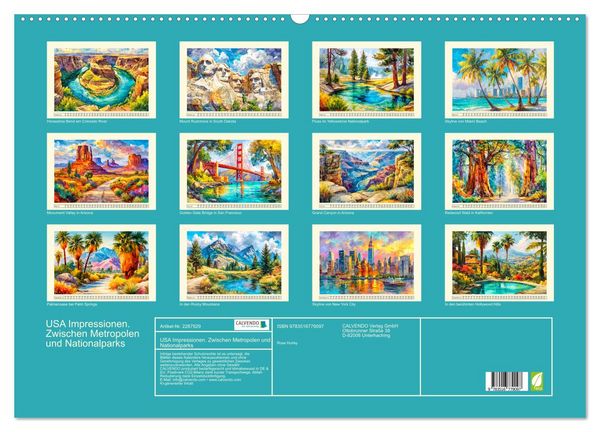 Produktbild: USA Impressionen. Zwischen Metropolen und Nationalparks (Wandkalender 2027 DIN A2 quer), CALVENDO Monatskalender