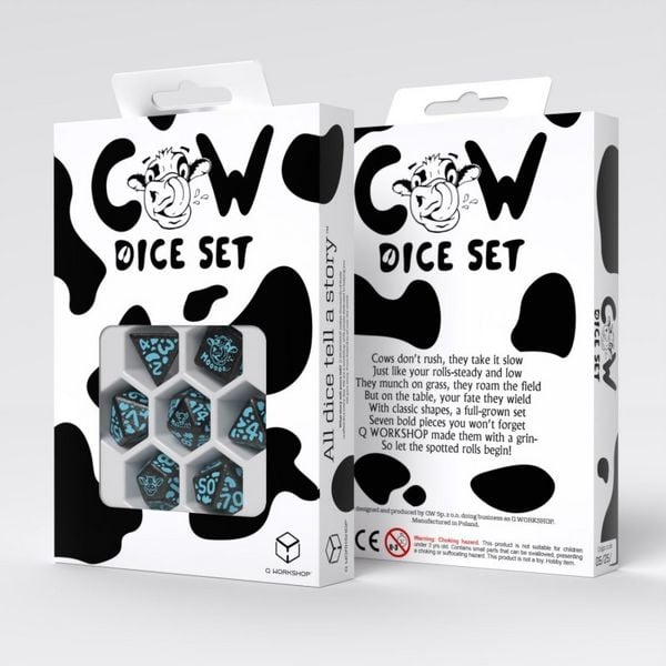 Q-Workshop QWO98031 - Cow Dice Set: MOOlissa black/blue, Kuh-Würfelset, 7-teilig