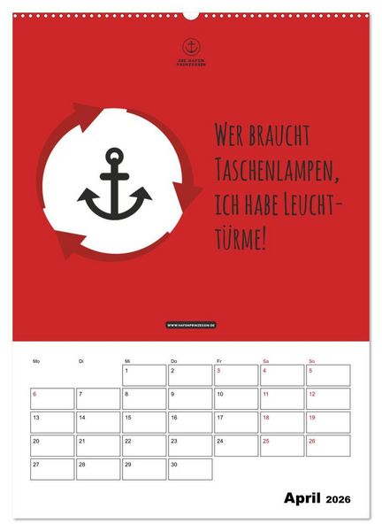 Produktbild: hafenprinzessin: Ankertr&auml;ume & Meer - Der moderne Zitate-Wandkalender f&uuml;r maritime Lebensmomente! (Wandkalender 2026 DIN A2 hoch), CALVENDO Monatskalender
