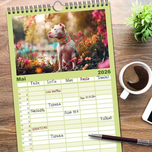 Produktbild: Familienplaner 2026 - Pit Bull Terrier. Zwischen Wildblumen und Gro&szlig;stadtglanz mit 5 Spalten (Wandkalender, 21 x 45 cm) CALVENDO