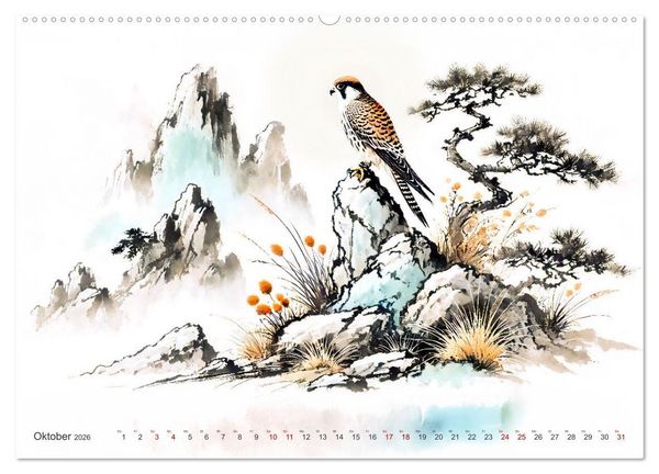 Produktbild: Federleicht - Vogelwelt im Stile asiatischer Tuschmalerei (Wandkalender 2026 DIN A2 quer), CALVENDO Monatskalender