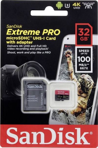 Produktbild: SanDisk Extreme&reg; Pro microSDHC-Karte 32 GB Class 10, UHS-I, UHS-Class 3, v30 Video Speed Class inkl. SD-Adapter, A1-Leistungsstandard
