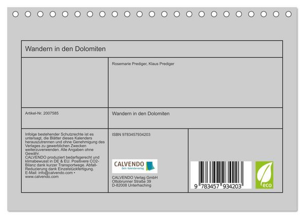 Produktbild: Wandern in den Dolomiten (Tischkalender 2026 DIN A5 quer), CALVENDO Monatskalender