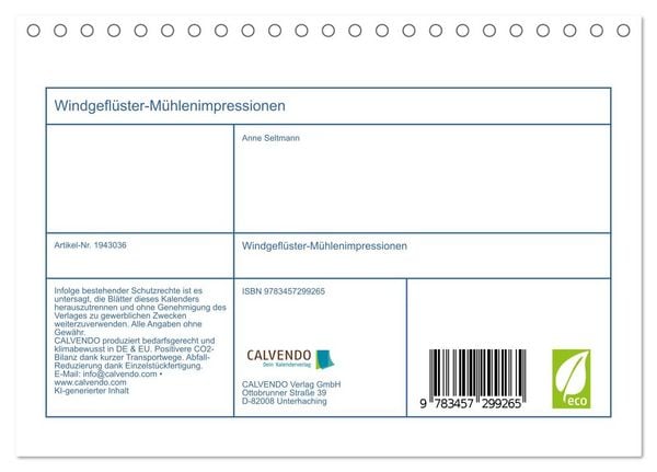 Produktbild: Windgefl&uuml;ster-M&uuml;hlenimpressionen (Tischkalender 2026 DIN A5 quer), CALVENDO Monatskalender