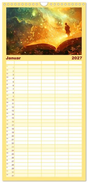 Produktbild: Familienplaner 2027 - Welten zwischen den Zeilen - B&uuml;cher, die Tr&auml;ume wecken mit 5 Spalten (Wandkalender, 21 x 45 cm) CALVENDO