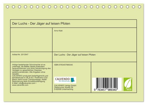 Produktbild: Der Luchs - Der J&auml;ger auf leisen Pfoten (Tischkalender 2026 DIN A5 quer), CALVENDO Monatskalender