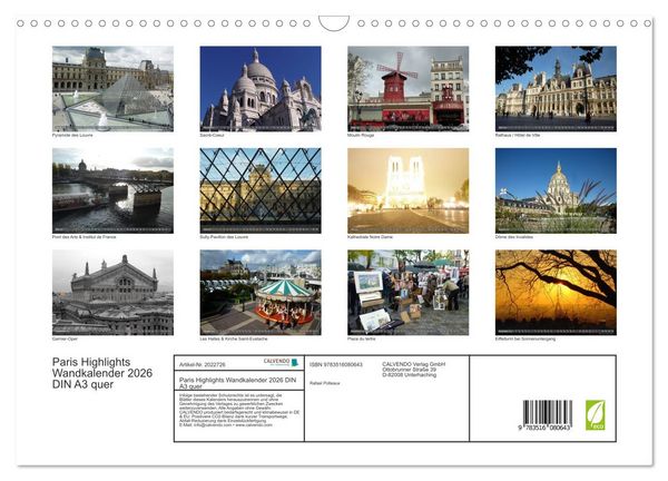 Produktbild: Paris Highlights Wandkalender 2026 DIN A3 quer (Wandkalender 2026 DIN A3 quer), CALVENDO Monatskalender