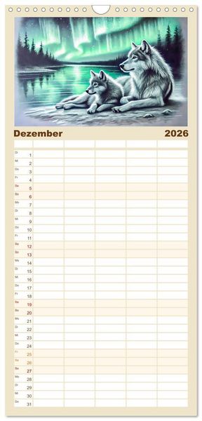 Produktbild: Familienplaner 2026 - Die Eleganz der W&ouml;lfe - Mythische Begegnungen in der Natur mit 5 Spalten (Wandkalender, 21 x 45 cm) CALVENDO
