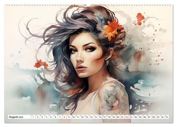 Produktbild: Tattoo trifft Kunst - Starke Tattoos treffen auf sanftes Aquarell (Wandkalender 2026 DIN A2 quer), CALVENDO Monatskalender