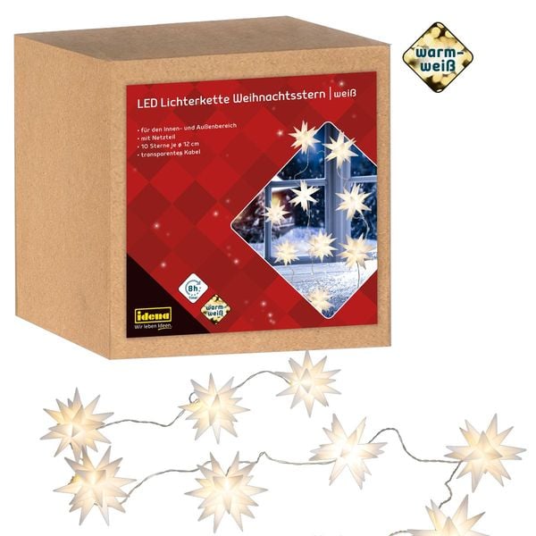 Idena Lichterkette Weihnachtsstern 10 LED Sterne Ø12cm warmweiß 7,7m 8h Timer