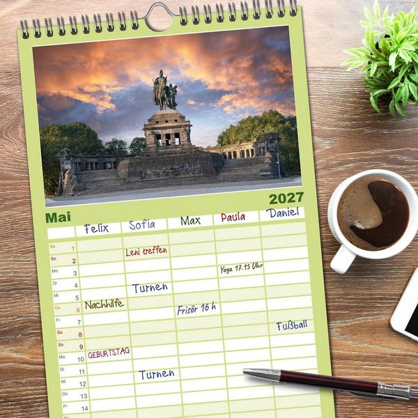 Produktbild: Familienplaner 2027 - Unterwegs - Rhein-Burgen-Weg mit 5 Spalten (Wandkalender, 21 x 45 cm) CALVENDO
