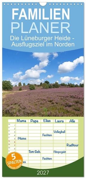 Produktbild: Familienplaner 2027 - Die L&uuml;neburger Heide - Ausflugsziel im Norden mit 5 Spalten (Wandkalender, 21 x 45 cm) CALVENDO
