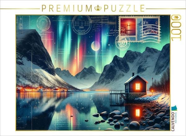 CALVENDO Puzzle Winterwunderland unter dem Nordlicht: Eine AI-geschaffene Idylle | 1000 Teile Lege-Größe 64x48cm Foto-Puzzle für glückliche Stunden
