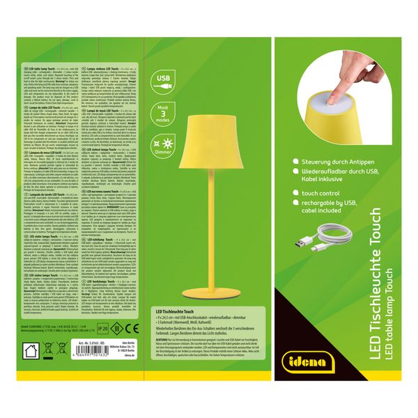 Produktbild: Idena LED Tischleuchte Touch Metall/Kunststoff gelb 9x24,5cm Akku USB dimmbar 3 Modi Innen