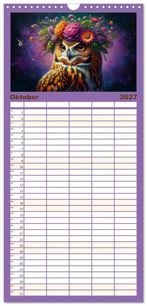 Produktbild: Familienplaner 2027 - Blumige Vogelportr&auml;ts mit 5 Spalten (Wandkalender, 21 x 45 cm) CALVENDO