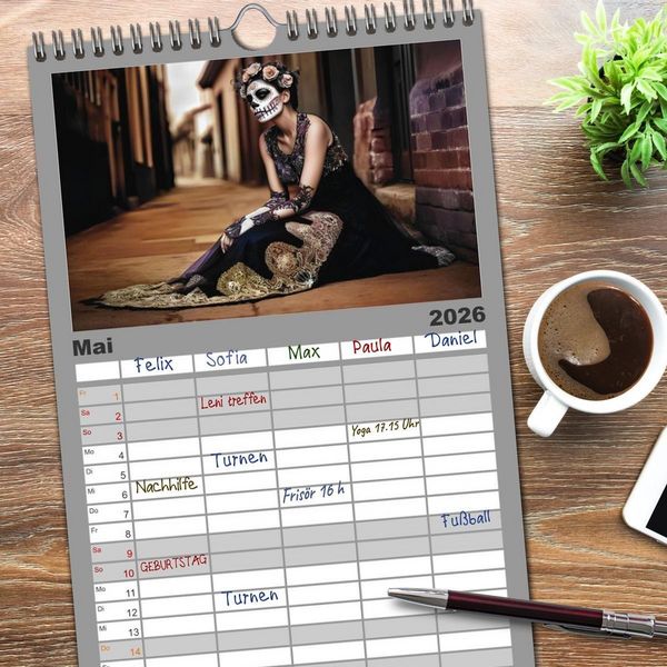 Produktbild: Familienplaner 2026 - Festliche Dia de Muertos Portr&auml;ts mit 5 Spalten (Wandkalender, 21 x 45 cm) CALVENDO