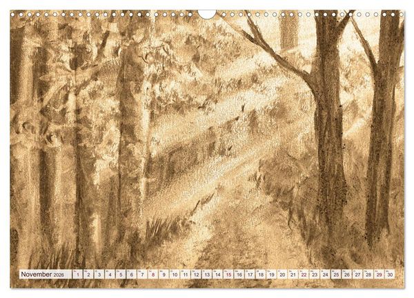 Produktbild: Pausen f&uuml;r deine Seele - Seelenlandschaften in Sepia - Ein Jahr der Ruhe mit Kohlezeichnungen (Wandkalender 2026 DIN A3 quer), CALVENDO Monatskalender