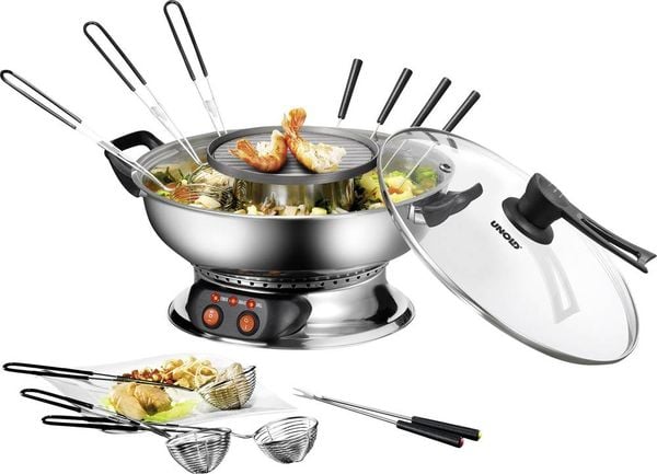 Unold Asia Fondue Fondue 1350 W 2 getrennte Temperaturregler, 6 Fonduegabeln, Grillfunktion Edelstahl