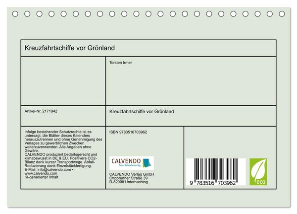 Produktbild: Kreuzfahrtschiffe vor Gr&ouml;nland (Tischkalender 2026 DIN A5 quer), CALVENDO Monatskalender